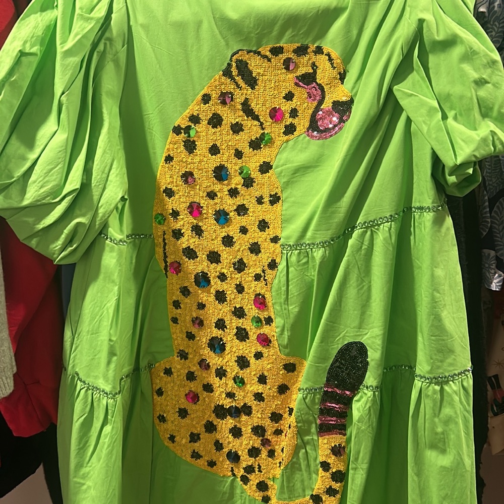 QUEEN OF SPARKLES Green Mini Dress with Leopard Design